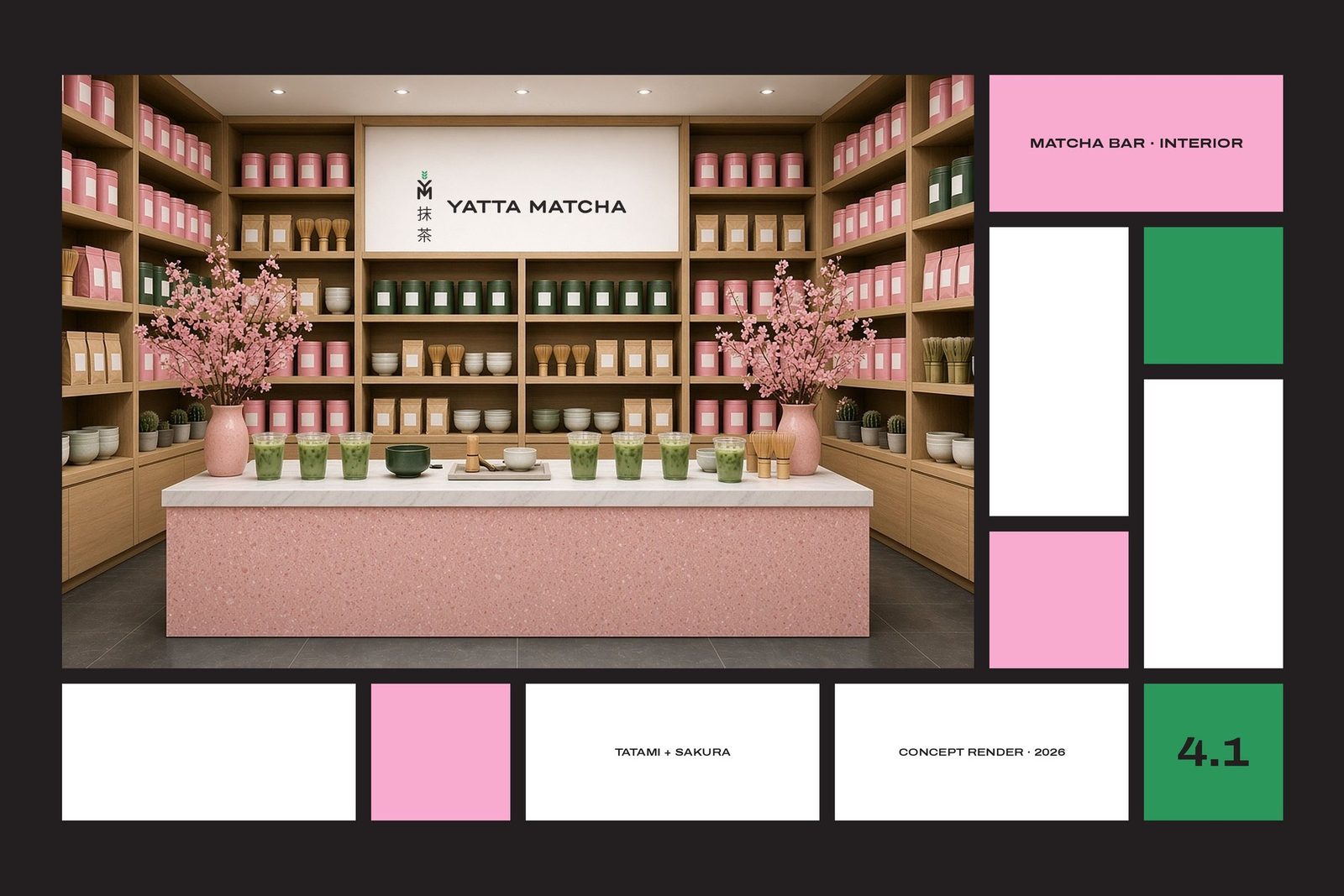 Yatta Matcha — store interior · concept render 2026