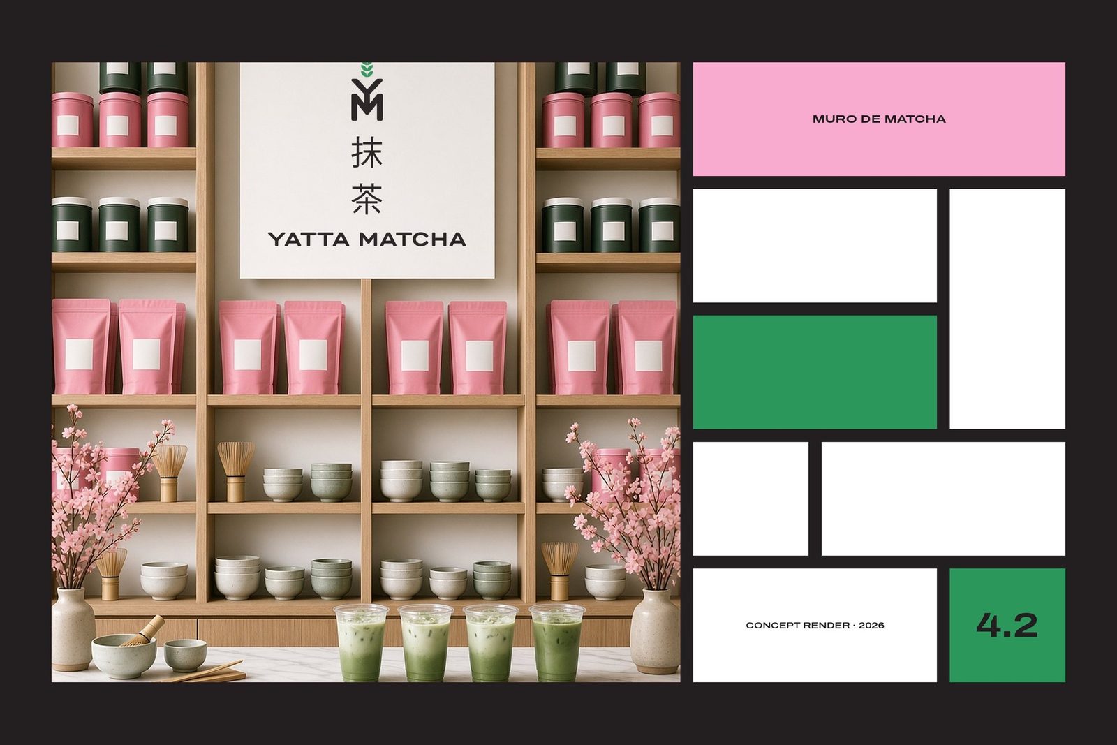 Yatta Matcha — matcha wall · concept render 2026