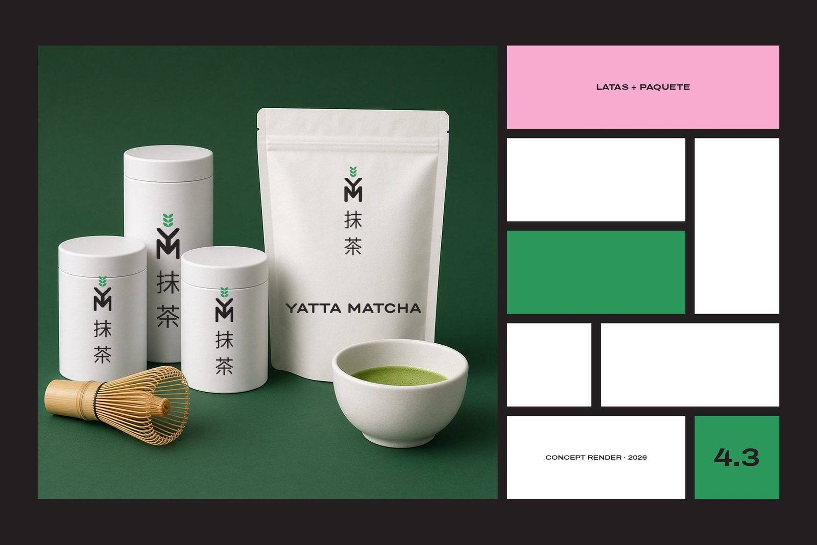 Yatta Matcha — tins & pouch · concept render 2026