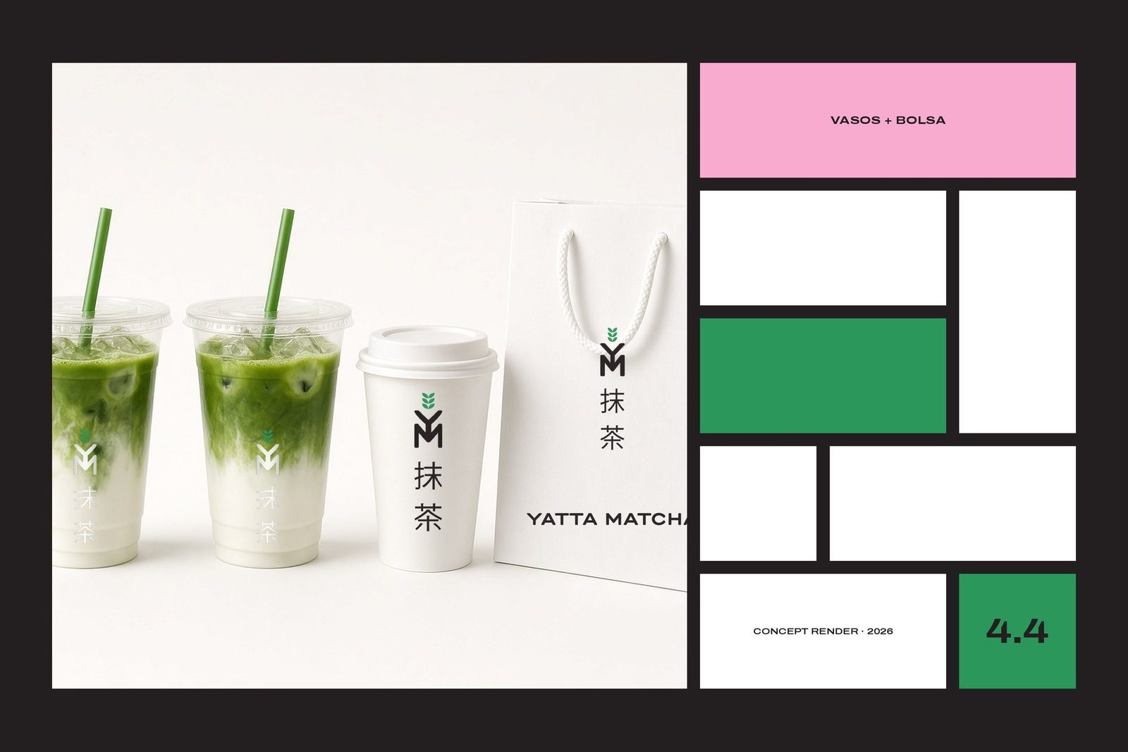 Yatta Matcha — cups & bag · concept render 2026