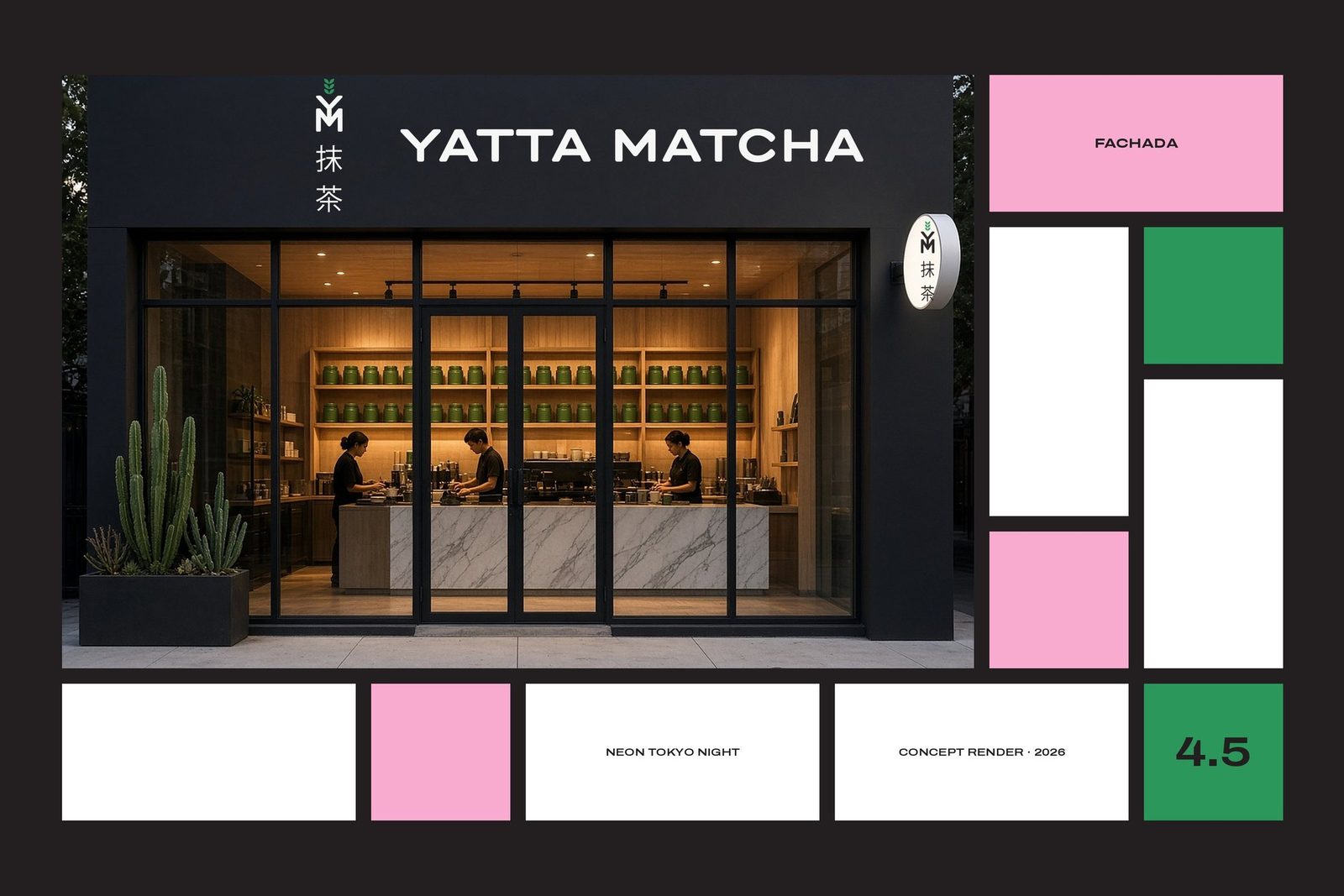 Yatta Matcha — storefront · concept render 2026